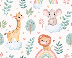 Enchanting Watercolor Safari Animals on Rainbows and Clouds with Delicate Foliage for Baby Nursery Decor