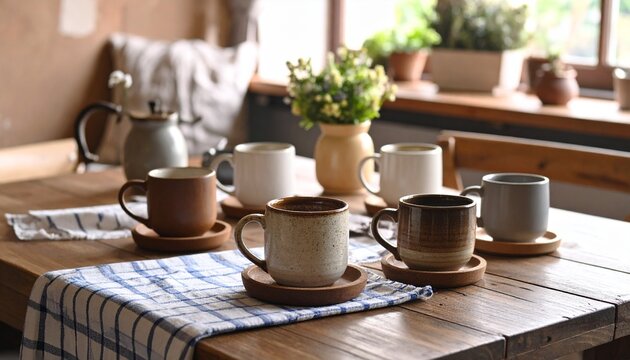 An assortment of handcrafted ceramic coffee mugs and stoneware cups on a rustic wooden kitchen table, a warm and cozy scene.