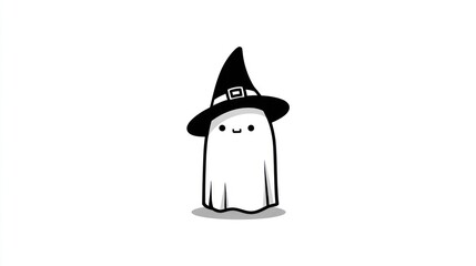 Obraz premium Cartoon ghost wearing a witch hat with a shadow on a white background