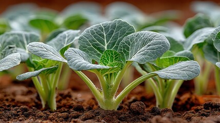 Close-up of young Bok Choy seedlings in rows