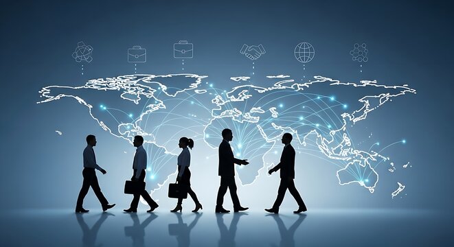 Silhouettes of business people walking in front of a world map with connection icons above it