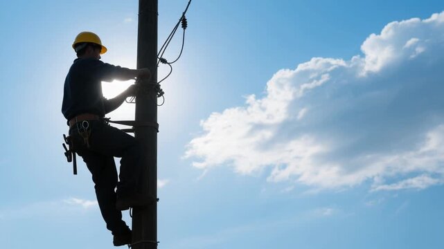 A silhouette of an electrician in a hard hat bravely climbing a power pole against a bright, cloudy sky. Symbolizes essential service, risk, and dedication.