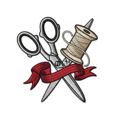 An embroidered patch design showcasing crossed sewing scissors, a thread spool with a needle, and a flowing red banner, ideal for craft and fashion themes.