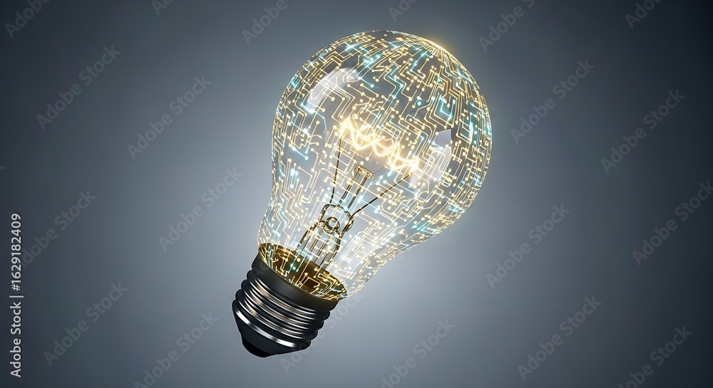 Poster illuminated light bulb with circuit board pattern on glass against a gradient gray background studio