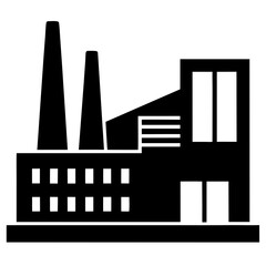 Simple black silhouette of a factory building with a tall smokestack and two smaller chimneys emitting smoke