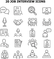 Job interview icons set with magnifying glass