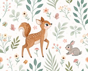 Charming Watercolor Woodland Creatures and Botanical Elements Seamless Pattern for Childrens Apparel and Nursery Decor