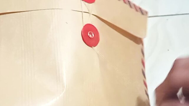 Close-up of hands untying a vintage string-tie envelope with red circular buttons on white tile floor. Paper texture and string detail visible. Ideal for mail, archive, office use. No face.
