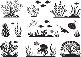 Underwater Landscape Icons on White Background  Premium Vector Set
