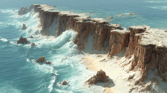 Coastal erosion scenes with cliffs breaking and land loss from waves, ideal for environmental change, shoreline, and sea level rise visuals