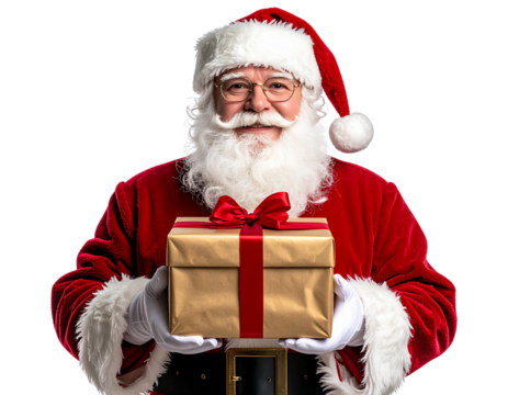 An - Père Noël Vintage en Costume Rouge Tenant un Cadeau Doré, Vue à mi-corps, Isolé sur Fond Transparent