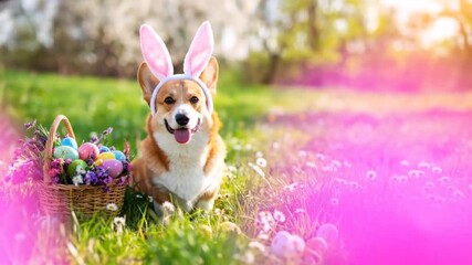 Adorable Corgi Dog in Easter Bunny Ears with Eggs