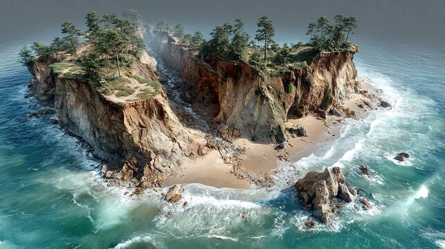 Coastal erosion scenes with cliffs breaking and land loss from waves, ideal for environmental change, shoreline, and sea level rise visuals
