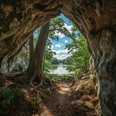 Obraz premium View from a cave looking out to a calm lake and green forest under a blue sky nature