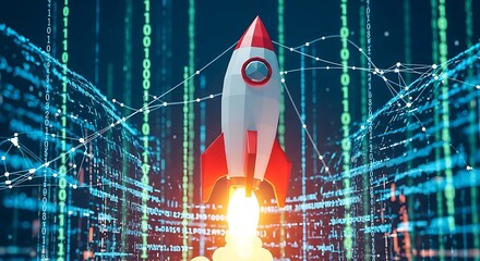 A cartoon rocket launching upwards against a backdrop of binary code and network connections