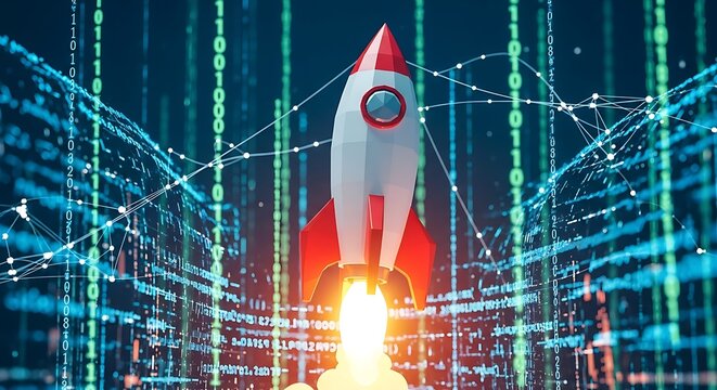 A cartoon rocket launching upwards against a backdrop of binary code and network connections