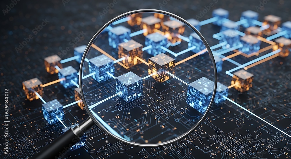 Aufkleber magnifying glass over illuminated cubes connected by lines on a circuit board surface view