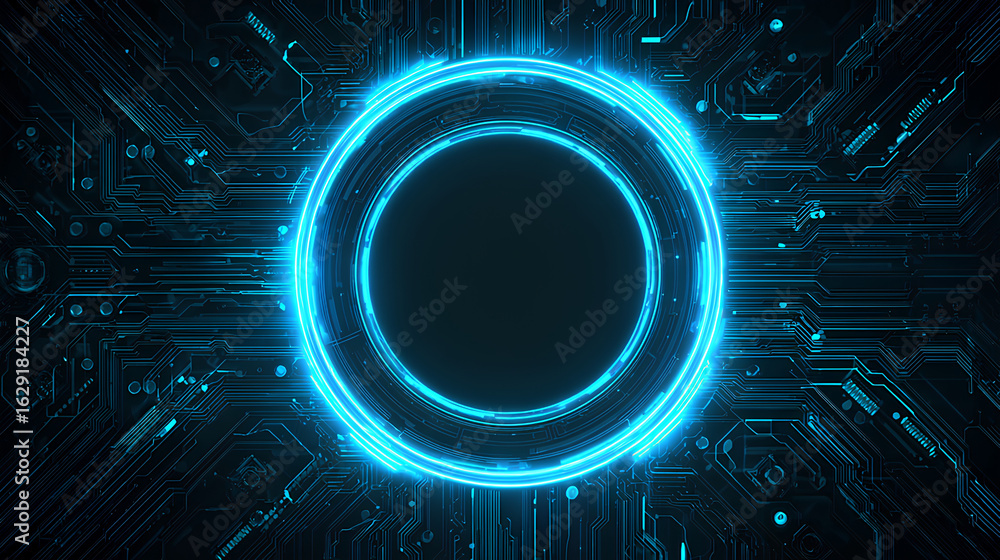 Poster neon light blue circle portal with electronics elements and wires are on a futuristic technology cir