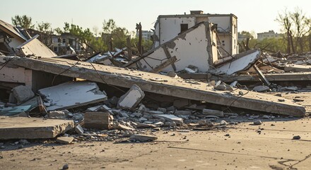 Fototapeta premium Destroyed Building Debris and Rubble in Post-disaster Urban Area