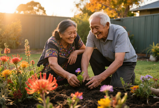 Joyful senior Asian couple enjoying their retirement hobby, gardening together in a sunlit backyard at golden hour