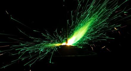 Bright Green Sparks Flying From Metal During Welding Process in Dark Environment