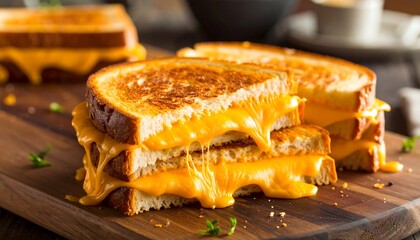 Golden Grilled Cheese Sandwich with Melty Cheese on Wooden Board, and Comfort Food Feast.