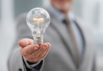 Businessman holds glowing lightbulb