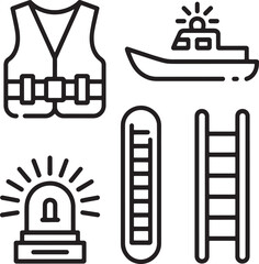 Obraz premium Safety Equipment Icons with Life Vest, Rescue Boat, Siren and Ladders