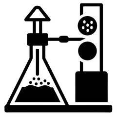 Black and white icon representing a laboratory setup with a stirring apparatus and a conical flask for scientific experiments
