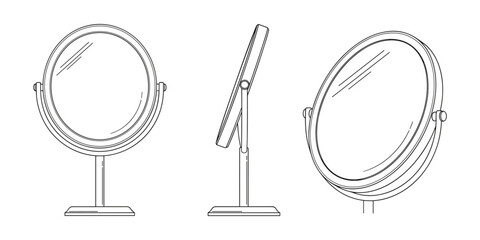 Elegant Round Table Mirror in Three Perspective Views, Emphasizing Simplicity and Style.