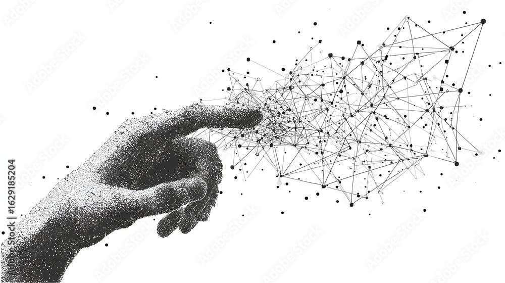 Poster neural network scheme above scientist hand. artificial neural networks, ann. abstract simple graphic