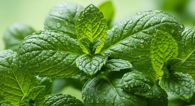 Close up shot of fresh green mint leaves covered in water droplets with a blurred green background