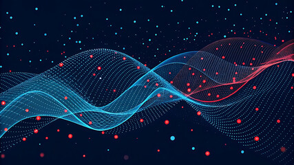 Blue and red digital waves with glowing particles abstract