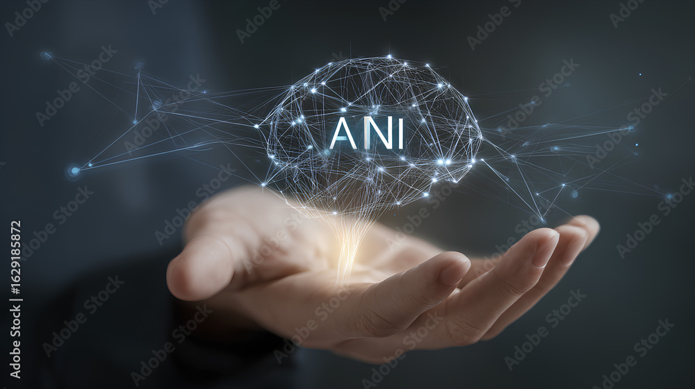 Poster neural network scheme above scientist hand. artificial neural networks, ann. abstract simple graphic