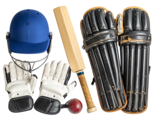 Top-Down View of Cricket Safety Gear Arrangement with Batting Helmet, Gloves, and Pads, PNG Isolated