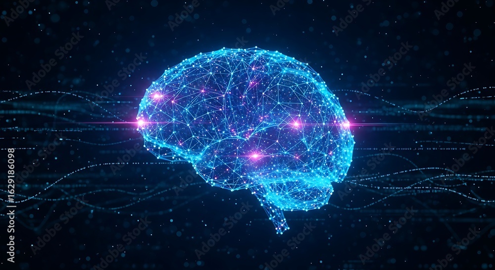 Aufkleber digital brain with glowing nodes and connections against a dark blue abstract background design