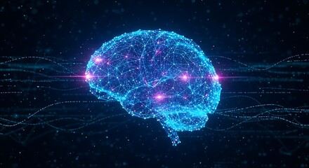 Digital brain with glowing nodes and connections against a dark blue abstract background design