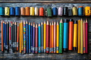 Colored pencils on wooden table.