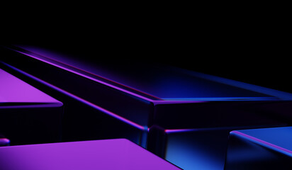 Abstract colorful shape, black dark background design, 3d render, iridescent and dispersion background