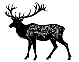 Obraz premium Elegant Reindeer Silhouette with Intricate Antlers, Minimalist Design, Isolated