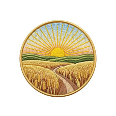 A beautifully embroidered circular patch depicting a golden wheat field with a winding path under a rising sun. Ideal for apparel, crafts, or nature themes.