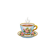 A charming embroidered teacup and saucer with a steaming hot beverage, featuring a beautiful floral pattern. Ideal for cozy themes, crafts, or digital design.