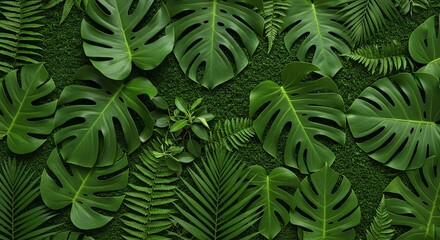 Fototapeta premium Lush Green Tropical Monstera and Fern Leaves Wall Covering in Natural Light
