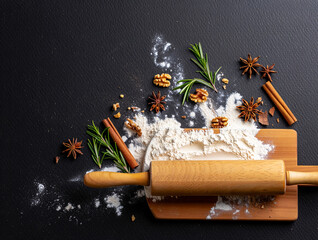 A high-angle, close-up view of baking ingredients arranged on a dark surface.
