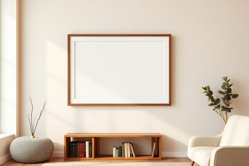 Cozy living room with empty square frame on wall and natural light