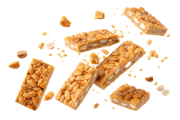Crunchy rectangular peanut brittle bars with scattered pieces and crumbs, isolated on black background for snack, dessert, or food advertising.
