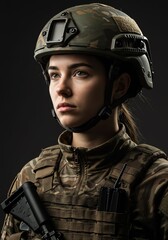 Young Female Soldier Wearing Camouflage Helmet and Tactical Gear in Studio Setting