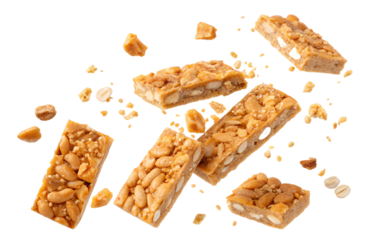 Crunchy rectangular peanut brittle bars with scattered pieces and crumbs, isolated on black background for snack, dessert, or food advertising.
