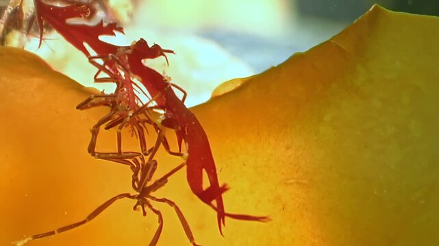 On the floor of the White Sea, a lean sea spider diligently pursues its prey, a Caprella septentrionalis or sea goat, amongst the vibrant seaweed.
