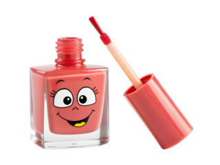Cute coral nail polish bottle with a happy face and brush